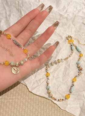 新中式中古风彩色串珠手链女轻奢小众高级感两件套项链锁骨链