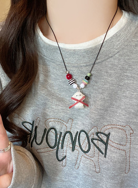 可爱萌趣抽拉爱心白色毛绒小狗吊坠项链女秋冬长款挂脖毛衣链配饰