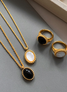 真金电镀5个厚法式复古黑玛瑙吊坠项链女轻奢小众白贝母耳环戒指