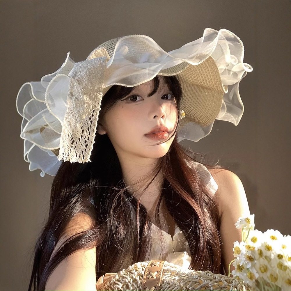 法式蕾丝结草帽女夏季大帽檐遮阳防晒帽海边沙滩度假太阳帽子,淘宝优惠券,粉丝福利购,淘宝优惠卷