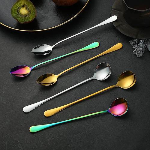 不锈钢甜品勺子长柄吧勺冰勺调羹雪糕圆勺奶茶尖勺调酒调味搅拌勺 - 图1