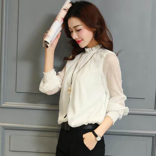 Chiffon Blouse New Women Tops Long Sleeve Stand Neck Work We - 图2