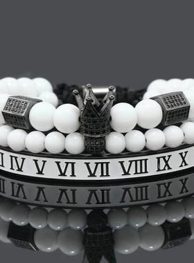 Luxury Natural White Stone Beads Charm Crown CZ Crystal Man