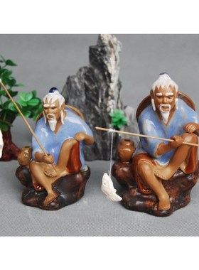 姜太公坐渔陶瓷渔翁摆件 假山盆景 鱼缸造景人物水族 茶盘装饰品