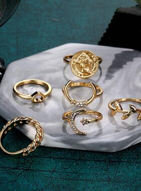 Korean ornaments coin crescent leaf ring set 6-piece set ins