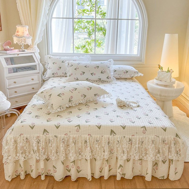 韩版泡泡棉单件夹棉床笠式床裙三件套少女心花边绗缝全包防滑床罩,淘宝优惠券,粉丝福利购,淘宝优惠卷
