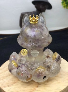 好记水晶滴胶碎石九尾狐摆件黄水晶粉水晶紫水晶金曜石高7cm左右