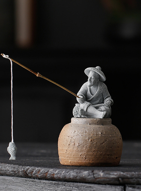 创意钓鱼翁茶宠人物小摆件国潮姜太公钓鱼盆栽景观鱼缸造景装饰品