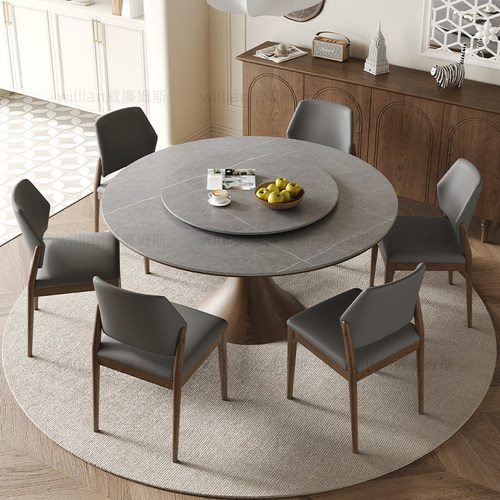 实木岩板餐桌圆桌家用小户型餐厅圆形饭桌带转盘胡桃木餐桌椅组合 - 图2