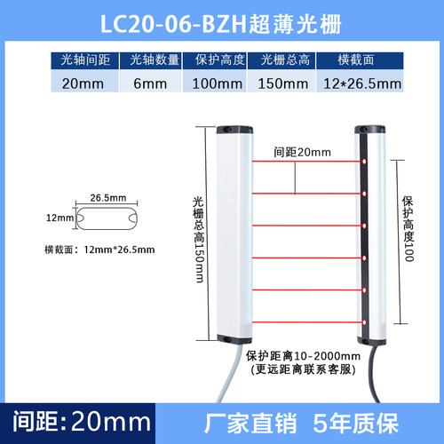 瀚金BZH10MM20mm超薄安全光栅红外线传感器光幕非标自动化设备 - 图0