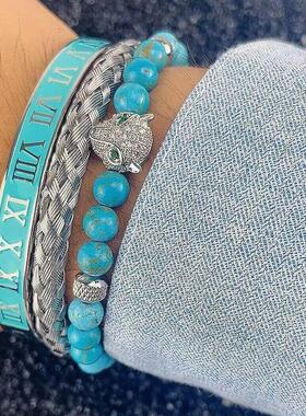 Natural Turquoise Stone Beads Crown Leopard Head Beaded Man