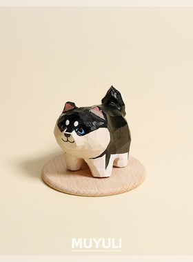 手工木雕小狗小猫咪摆件哈士奇二哈布偶治愈情绪摆件工位电脑摆件