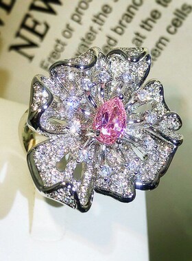 Pink Diamond Flower Ring Womens Openended ins Simple Style F