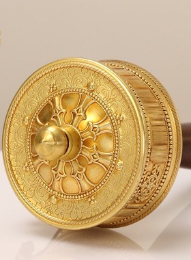藏式手摇转金轮铜藏族手持转金筒木手柄八吉祥装饰手转简经桶摆件