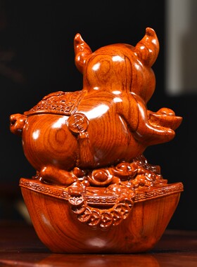 花梨精雕猪摆件实木新中式十二生肖动物全套家居客厅办公桌面装饰