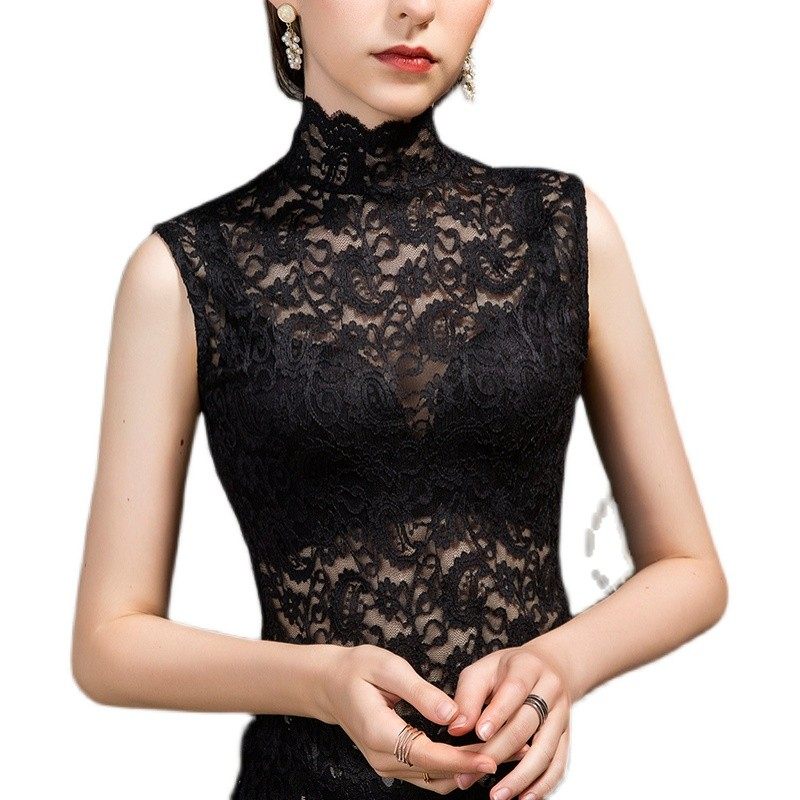 2021秋季新款立领蕾丝打底衫女背心修身无袖性感洋气半高领内搭,淘宝优惠券,粉丝福利购,淘宝优惠卷