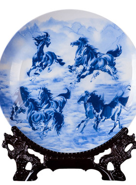 现代陶瓷工艺品中式客厅酒柜装饰盘摆件办公室桌面青花瓷盘子摆设