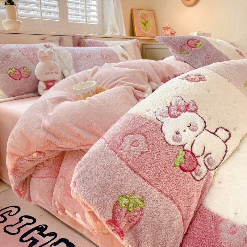 冬卡通加厚保暖四件可爱橘子雪花绒少女心被宿舍三件,淘宝优惠券,粉丝福利购,淘宝优惠卷