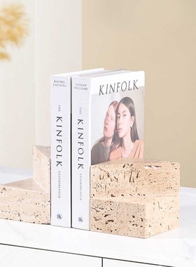 极简风现代大理石书立书档创意字母摆件黄洞石书靠样板间酒店装饰