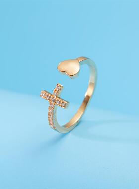 Classic Popular Zircon Cross With Heart Rings For Women New