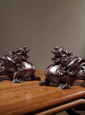 黑檀木雕貔貅摆件实木大号一对客厅家居办公室装饰开业送礼工艺品