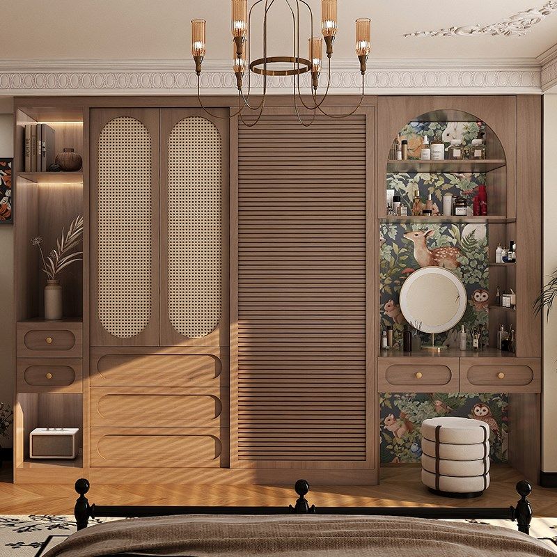 实木推拉门衣柜家用卧室新款藤编大衣橱法式复古ENF级欧松板柜子,淘宝优惠券,粉丝福利购,淘宝优惠卷