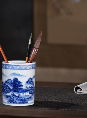 景德镇陶瓷笔筒书桌办公室桌面收纳摆件毛笔瓷器教师领导高档礼品