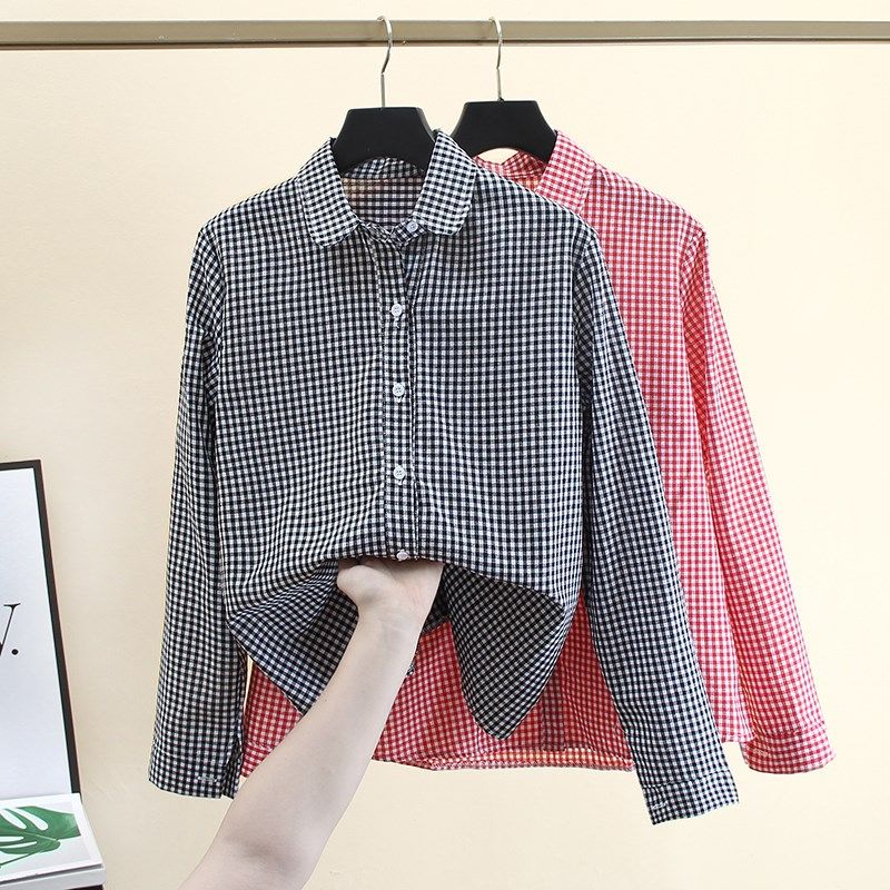 洋气时尚格子衬衫女长袖春秋新款百搭宽松显瘦学生内搭娃娃领上衣,淘宝优惠券,粉丝福利购,淘宝优惠卷
