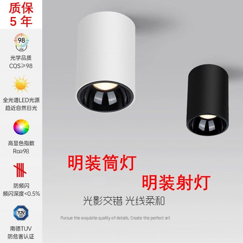 全光谱Ra98显色明装筒灯客厅餐厅过道低蓝光护眼深防眩明装射灯,淘宝优惠券,粉丝福利购,淘宝优惠卷