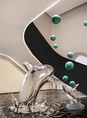 简约银色电镀鲸鱼海豚动物雕塑摆件售楼处样板间桌面酒店软装饰品