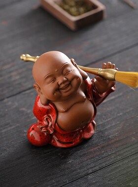 创意喜庆弥勒佛茶宠笔架摆件新中式招财大肚笑佛桌面博古架装饰品