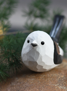 鹿妖商店 肥啾木雕小鸟 翘尾版北长尾山雀 银喉 手工摆件 礼物