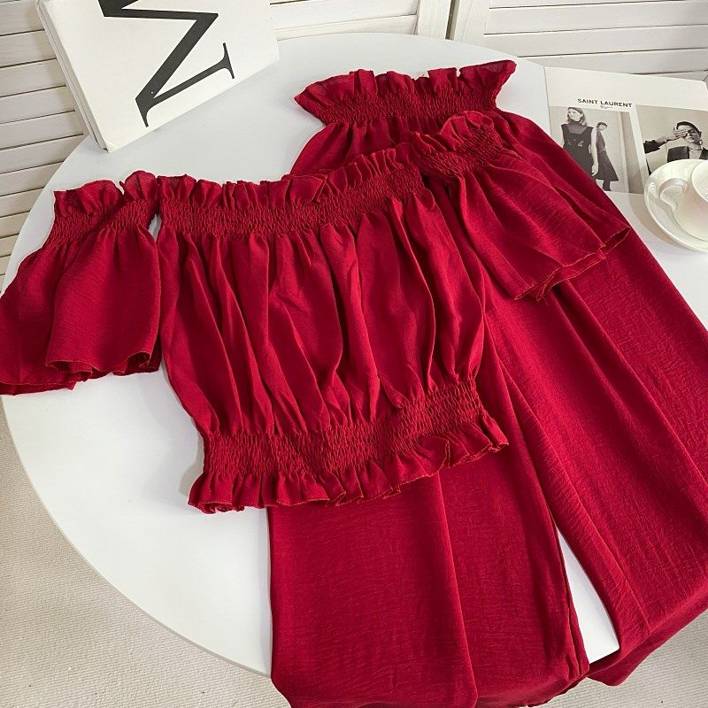 时尚百搭花苞一字领露肩短袖上衣+高腰显瘦阔腿长裤两件套装女,淘宝优惠券,粉丝福利购,淘宝优惠卷