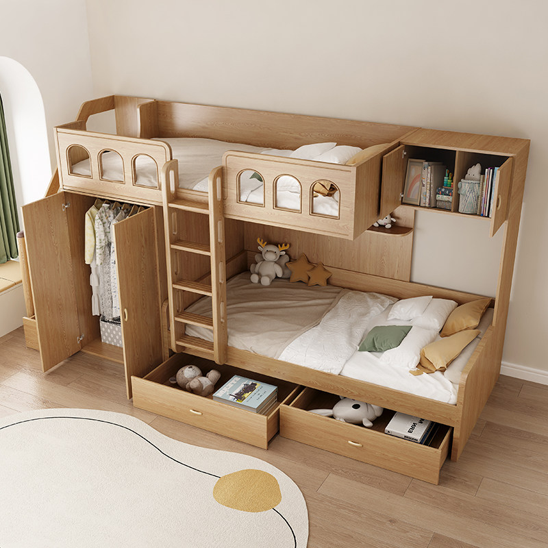 实木交错式儿童上下床带衣柜小户型高低错位子母双层床上下铺木床,淘宝优惠券,粉丝福利购,淘宝优惠卷