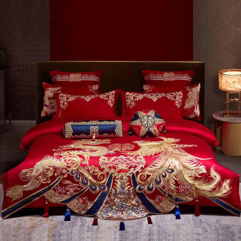 新婚庆四件套长绒棉高级绣花红色全纯棉贡缎喜被套婚房床品十件套,淘宝优惠券,粉丝福利购,淘宝优惠卷