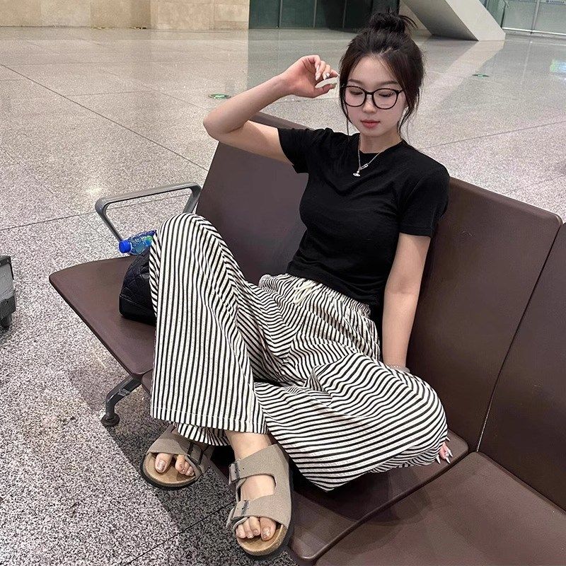 条纹休闲阔腿裤女垂感大码夏季薄款胖妹妹mm高腰宽松显瘦直筒裤子,淘宝优惠券,粉丝福利购,淘宝优惠卷