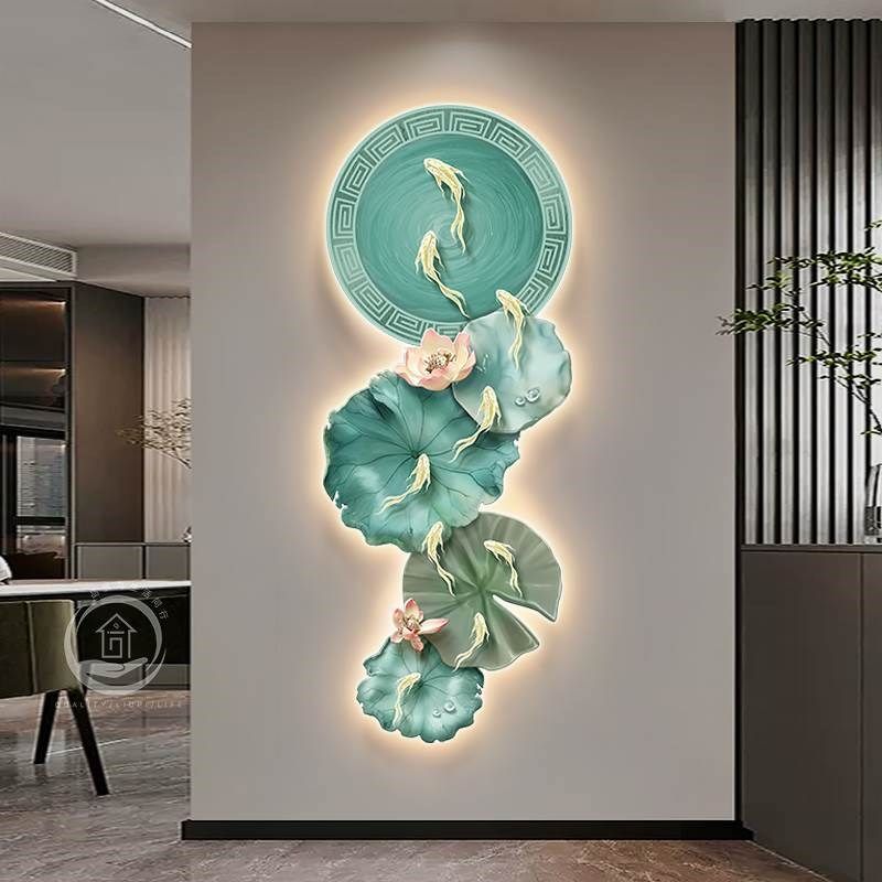 九鱼图入户玄关装饰画抽象荷叶led灯壁画正对门楼梯走廊过道挂画,淘宝优惠券,粉丝福利购,淘宝优惠卷