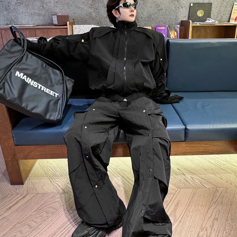 2024春季时尚小众结构设计感立领夹克男层次皱褶阔腿长裤两件套潮,淘宝优惠券,粉丝福利购,淘宝优惠卷