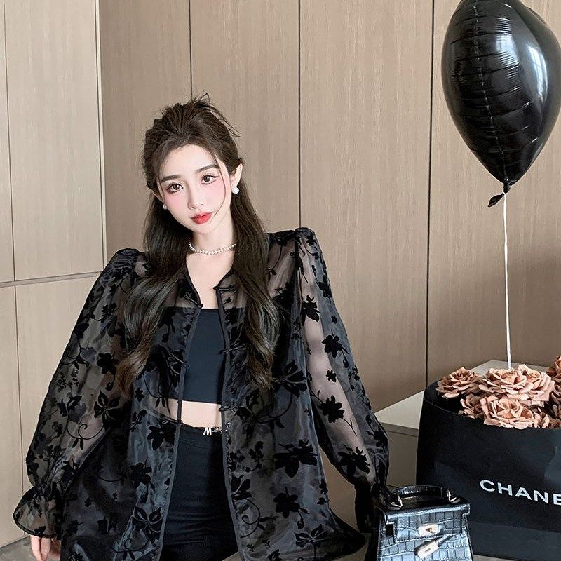衬衫女夏季新款复古风提花防晒衣新中式盘扣长袖网纱外套上衣缎面,淘宝优惠券,粉丝福利购,淘宝优惠卷