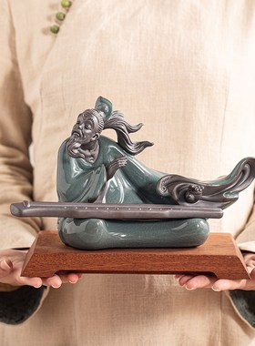 陶瓷禅意历史人物摆件大号伯牙抚琴钟子期雕像茶室桌面装饰工艺品