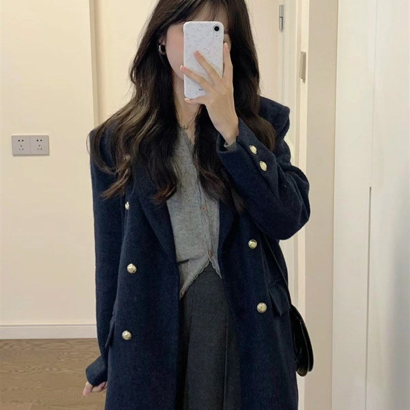 秋冬复古高级感港风藏蓝色小个子搭配显高呢子大衣毛呢外套女短款,淘宝优惠券,粉丝福利购,淘宝优惠卷