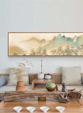 湖山春暖横幅 新中式床头山水挂画艺术画样板房卧室大气装饰画