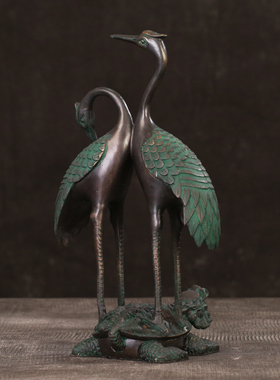 徽匠铜韵 纯铜龟鹤延年双鹤摆件家居装饰品结婚周年礼品健康长寿