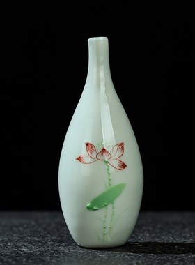 陶瓷手绘莲花小花瓶茶室茶盘茶宠桌面摆件干花水培插花器客厅装饰