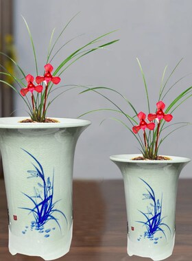 景德镇陶瓷兰花花盆釉下青花新中式古典树盆梅兰竹菊带托盘大小号