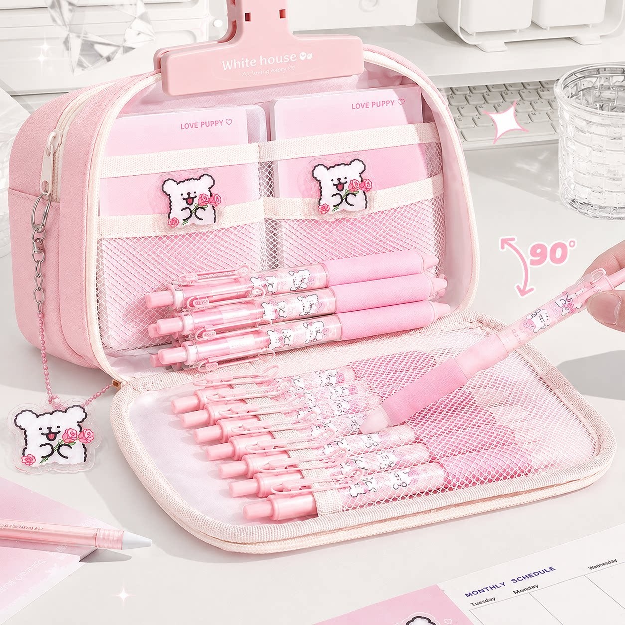 Pink love line puppy pencil bag large capacity pencil bag for girls 2026 new super popular high-value ins stationery box for primary and secondary school students full set of learning stationery storage bag for school gift giving
