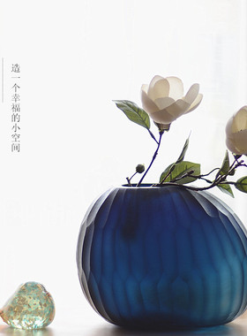 欧式摆件花器现代创意蓝色客厅样板房装饰玄关桌面加厚玻璃花瓶
