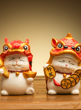创意舞狮招财猫摆件可爱小号家居客厅桌面装饰乔迁店铺开业发财猫