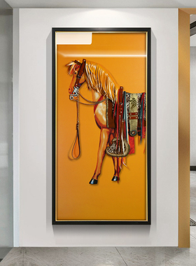 轻奢入户玄关橙色马图装饰画走廊过道纯手工拉线实物画竖版墙壁画