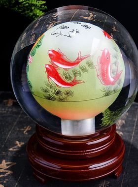 内画水晶球摆件牡丹花八骏图迎客松富贵鱼花开富贵五牛图中式家居